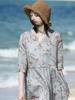 2026 Summer Cotton Linen V-Neck Waist-Cinching Printed Dress - Fashionable Casual Short-Sleeve Skirt for Women