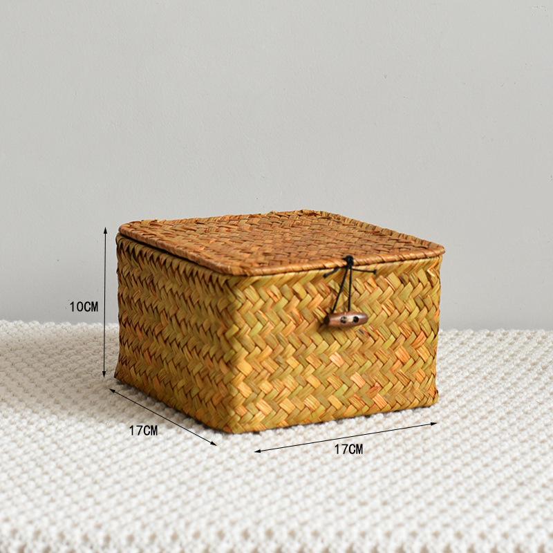 Handmade Straw Rattan Gift Basket with Lid – Woven Storage Box for Stationery & Souvenirs