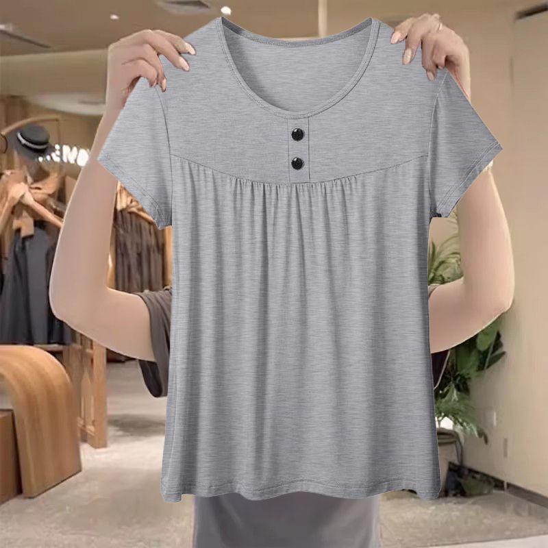 This Summer's New Versatile Foreign-style Button Design Pullover Short-sleeved Top Large-size Women's Loose Clothing
