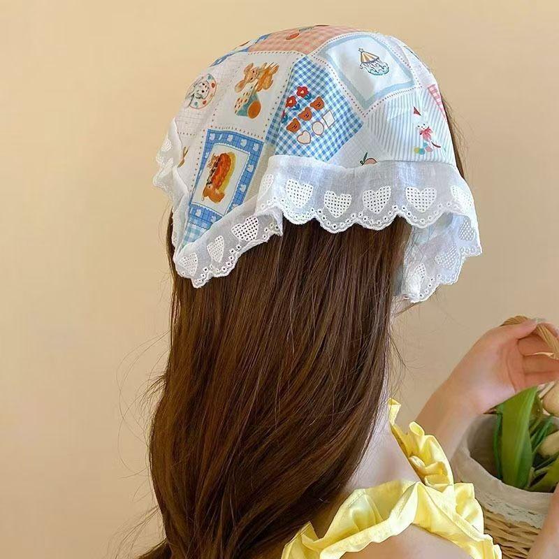 Idyllic lace headband new blast furnace top triangle scarf headband French retro plaid sweet and cute headscarf