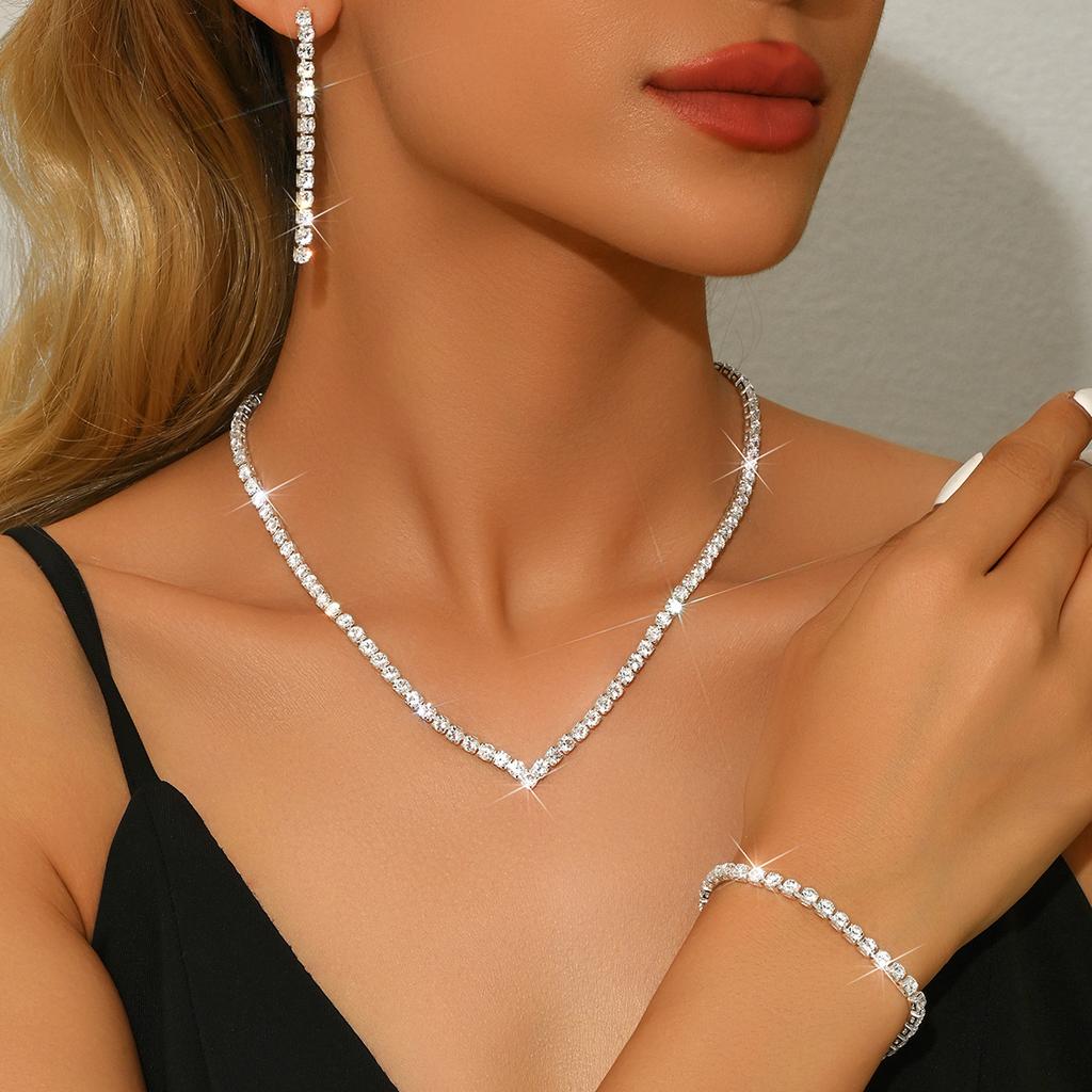 Fashion Rhinestone Full Diamond Necklace Earrings Bracelet Set Full Diamond Claw Chain Rhinestone Three-Piece Set