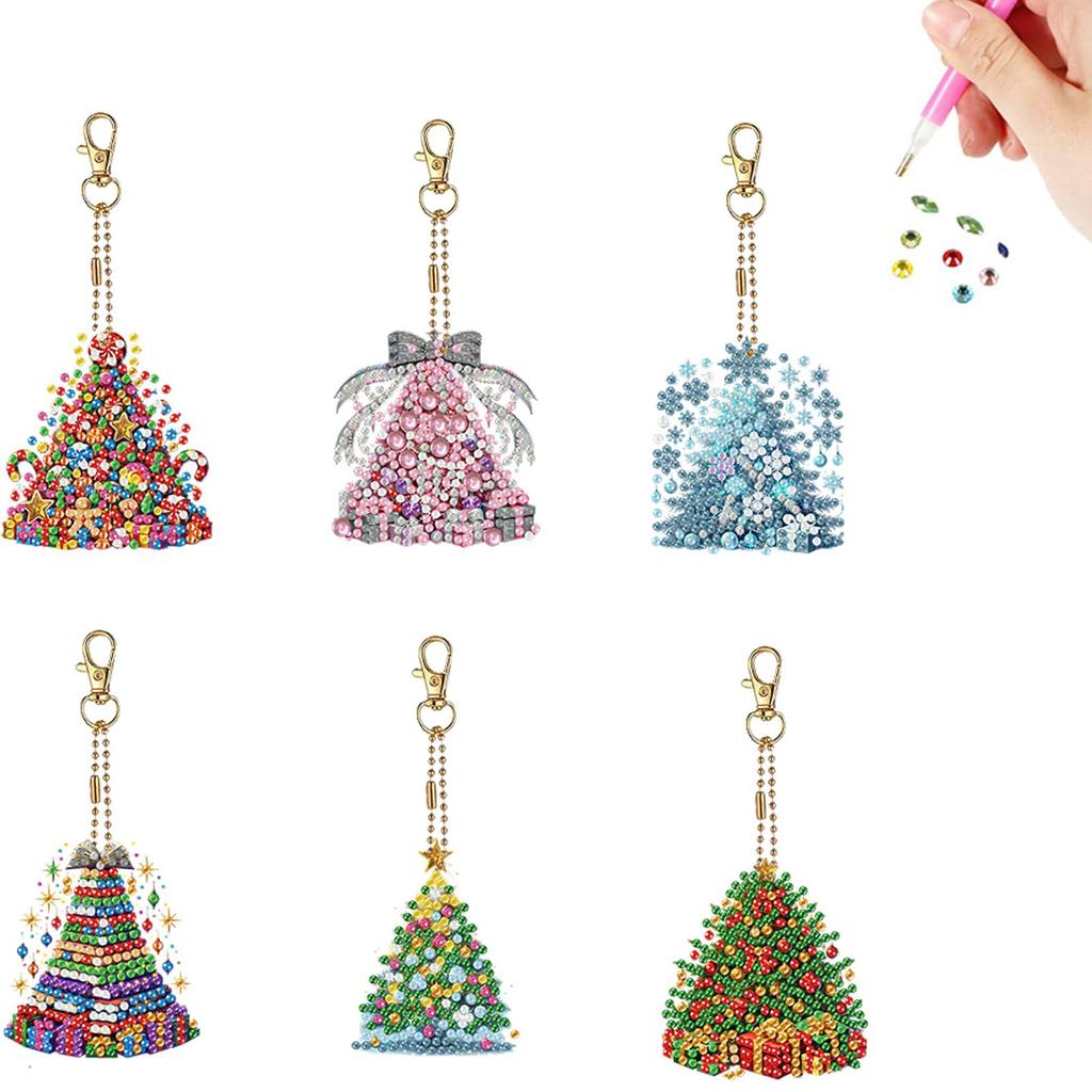 6pcs 2D Flat DIY Diamond Painting Keychain Diamond Art Kits Diamond Art Keychains Small Crystal Painting Keyrings for Home Decor