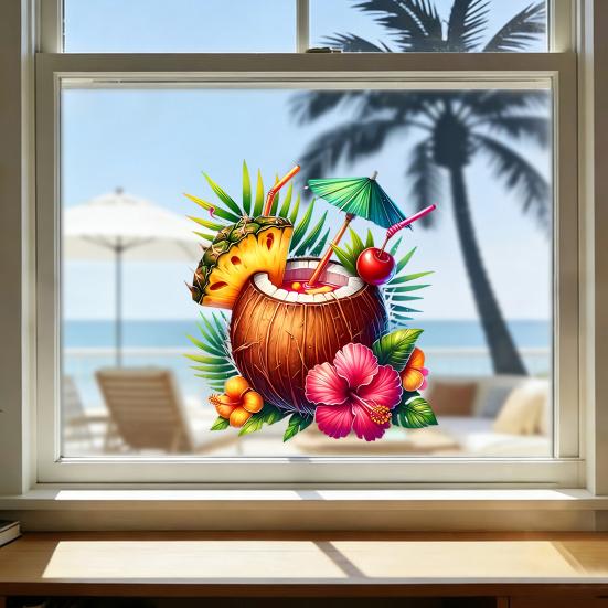 Summer Beach Window Cling Reusable Coconut Drink Pineapple Flower Static PVC Sticker Removable Hawaiian Tropical Theme Glass Decals for Living Room