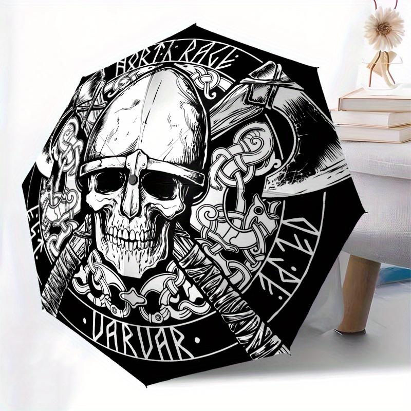 Viking Skull with Axes T-Shirt, Norse Rage Barbarian Tee Umbrella, Cute Umbrella with Cute Design, Portable 3-Fold Compact Umbrella for Men & Women, V
