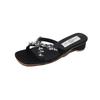 French Square Head Mid-heel Shoes Women's Roman Sandals 2025 Summer New Wear Cross Rhinestone Slippers Cool Slippers