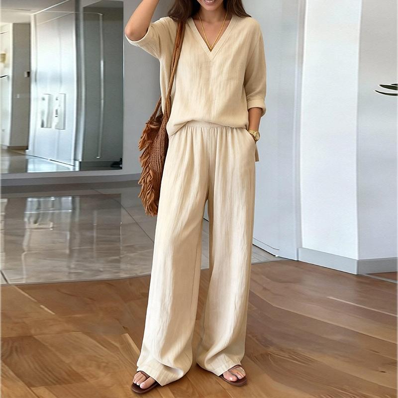 2026 Women's Spring New, Amazon Cross-border Europe and America, Fashion Casual Loose Solid Color Wide Leg Pants Set