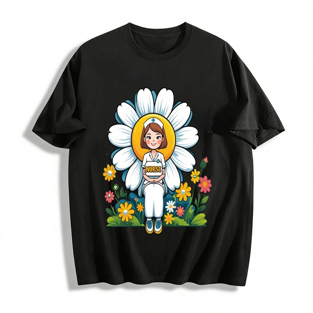 Cute Daisy Nurse Graphic Casual Nursing T-Shirt Pure cotton T-shirt XXS