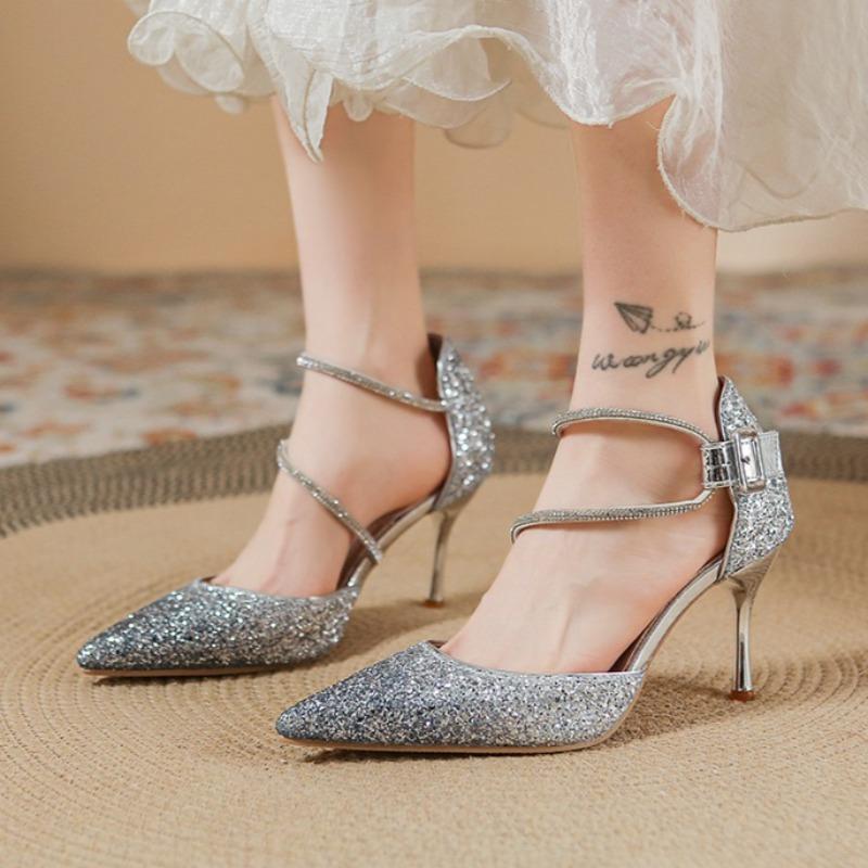Ombre High Heels Women's Summer New Pointed Toe Shallow Mouth Sequin Crystal Wedding Shoes Versatile Stiletto Shoes
