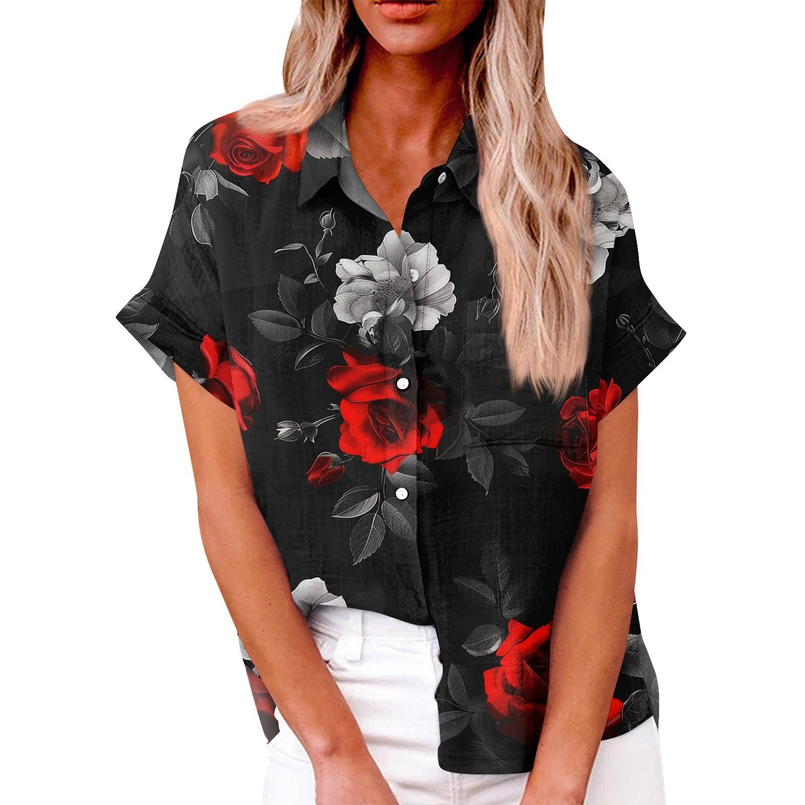 

Женская модная свободная повседневная рубашка с коротким рукавом и отворотом на пуговицах, футболка с принтом, топ L чёрный