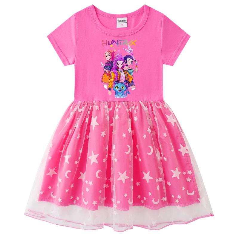 Children's Kpop Demon Slayer Rainbow Sequin Mesh Princess Dress - Short Sleeve for Summer, Long Sleeve for Spring/Autumn