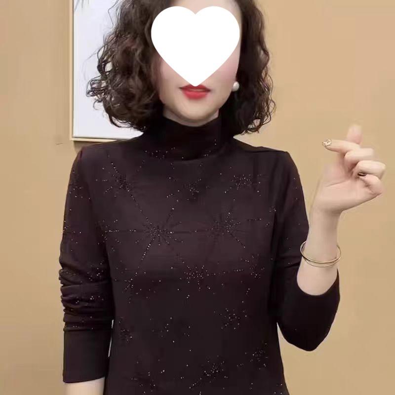 

Термофлисовый базовый топ с высоким воротником и длинными рукавами, украшенный стразами - Стильный топ для мамы, скрывающий живот и омолаживающий, для осени/зимы 2XL темно-фиолетового