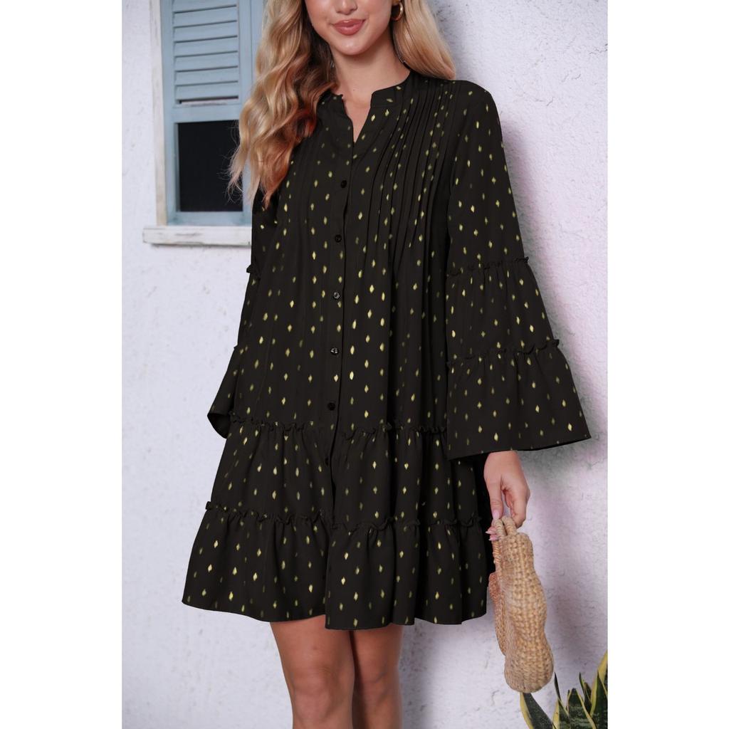 GMXIA Damenmode Frühling Herbst Einfarbiger Druck Langarm V-Ausschnitt Hohe Taille Freizeitkleider