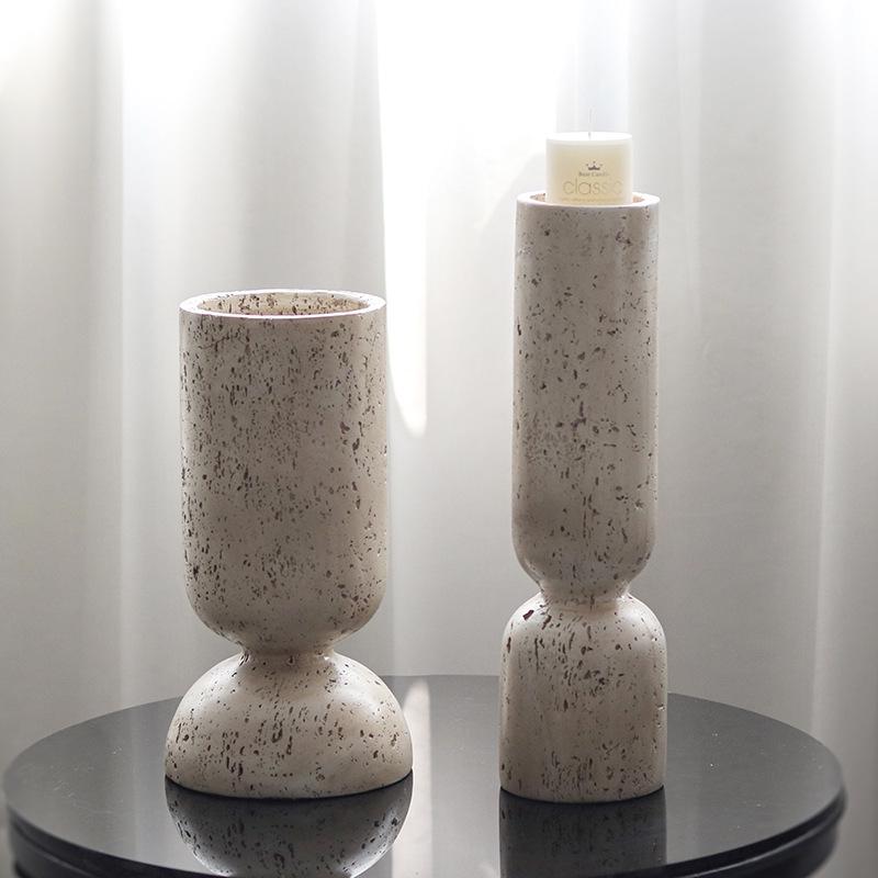 Wabi-Sabi Imitation Travertine Marble Candlestick for Tea Room & Desktop Decor