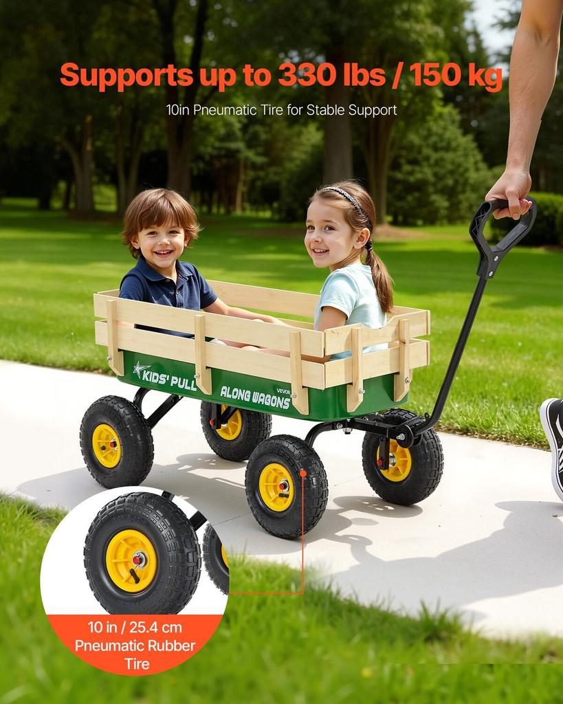 Pull-Along Wagon for Kids, 101cm Toddler Wagons with Wooden Panels & Handle, Supports Up To 150kg, All-Terrain Utility Wagon Cart Birthday Present for