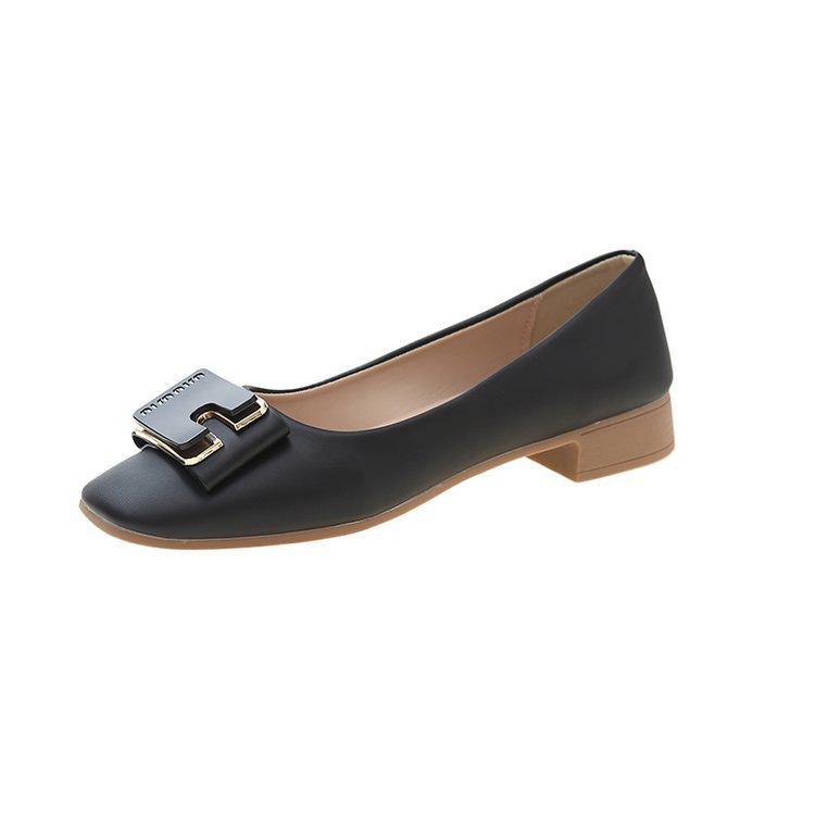 Autumn new low-heeled non-slip square-head single shoes, light-mouth soft-soled metal buckle ladyshoes
