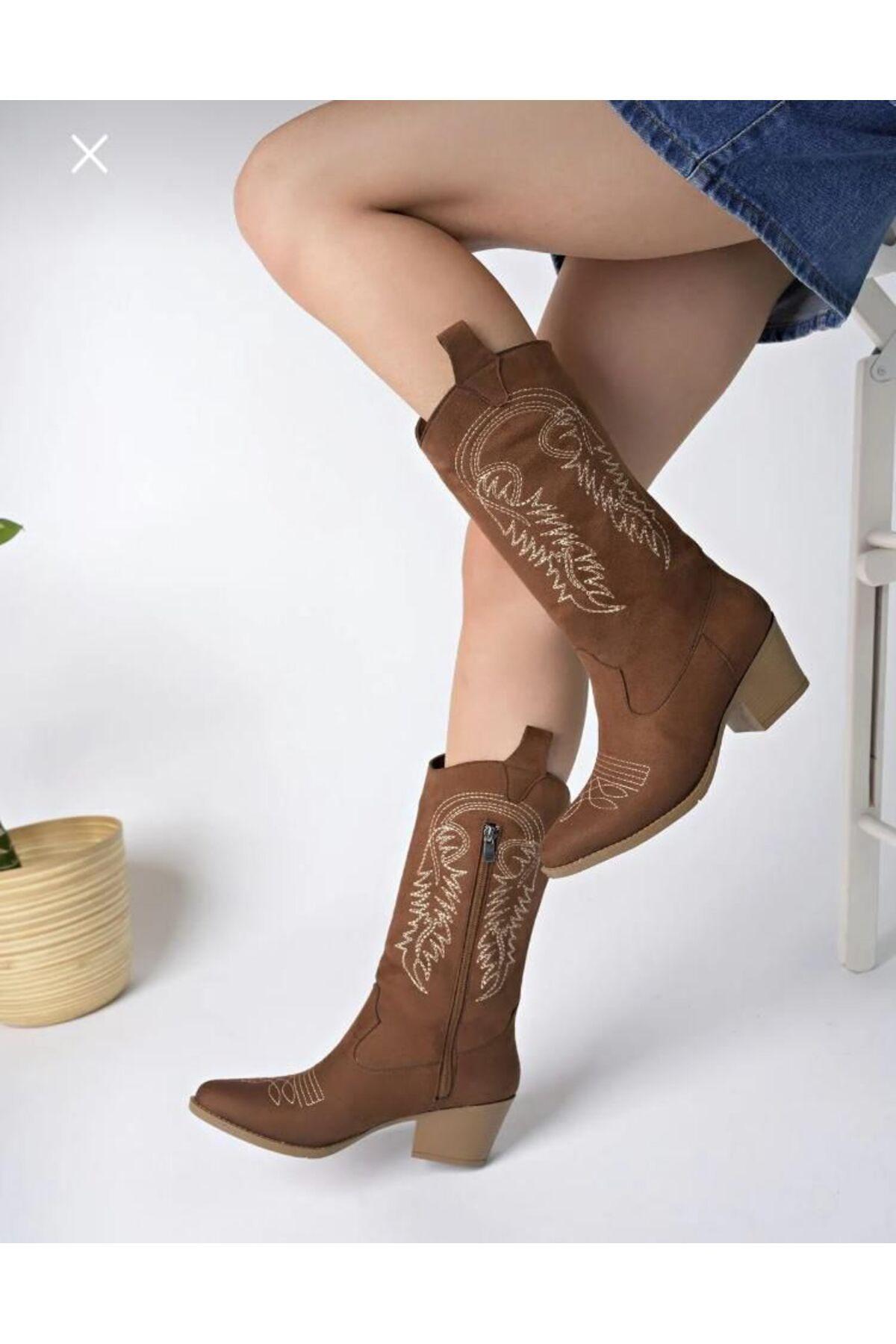 

Women Modern Stylish Fashion Boots Boots Faux Leather Suede Tan Suede Embroidered Cowboy Boots 36