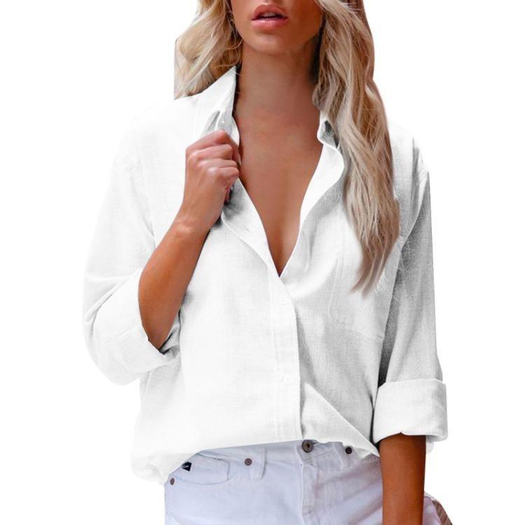 Classic Lapel Blouse Long Sleeve Button Shirt Women's Cotton Linen