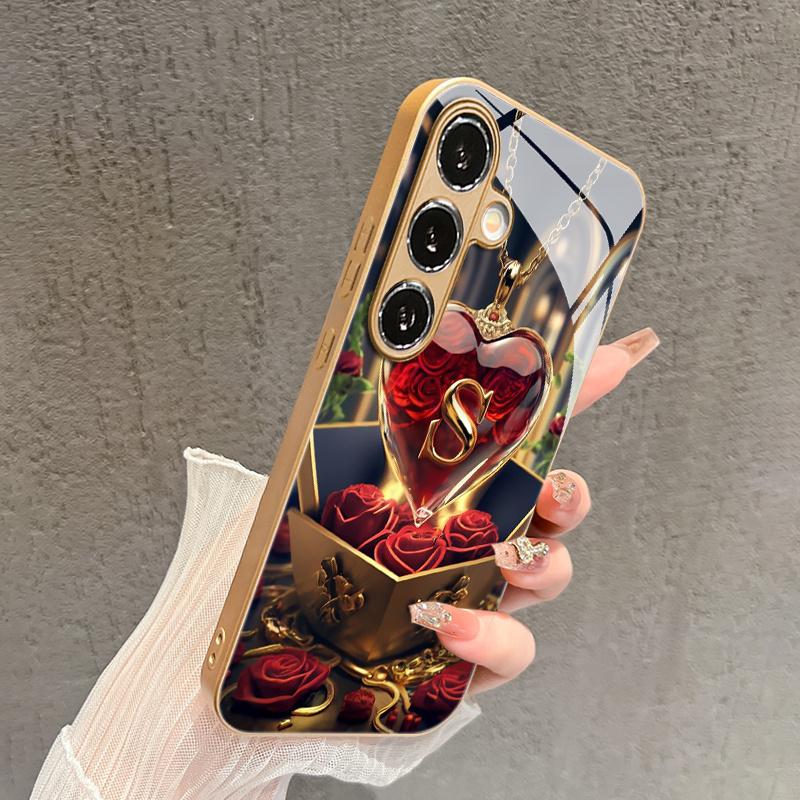 Fashion Rose Letter "S" Pendant Pattern Glass Phone Case for Samsung GalaxyS26 S25 S24 S23 S22 S20 FE Ultra Plus anti drop Cover