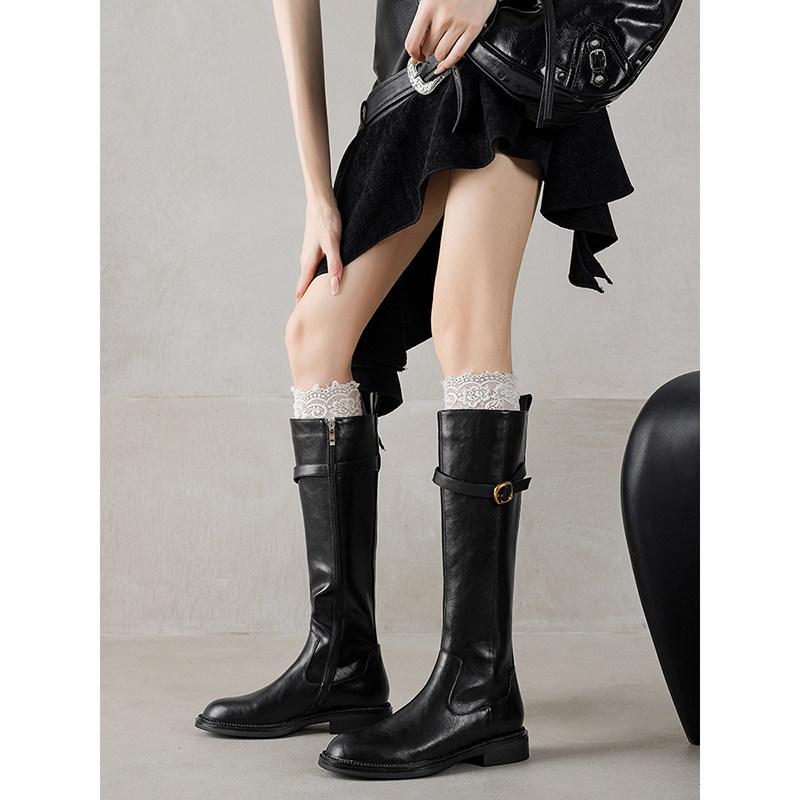 

Giant legs straight~ round head belt buckle knight boots autumn thick low heel boots 40 чорний