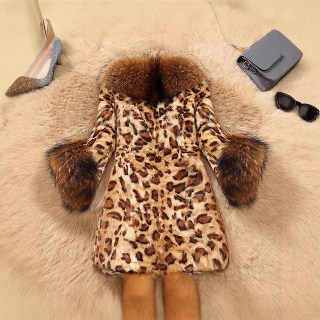 Women's Mid-Length Leopard Print Faux Fur Coat with Raccoon-Style Collar