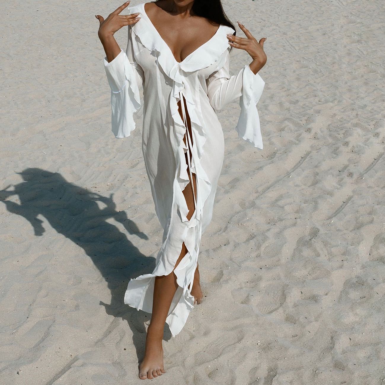 Women s Deep V Neck Bell Sleeve Ruffle Trim Maxi Dress with High Side Slit S