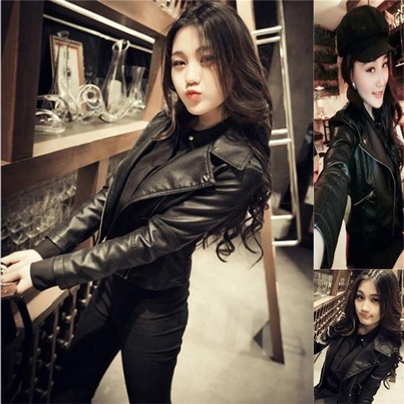 autumn winter turn down collar black PU leather jacket women slim casual fashion zipper coat outwear top