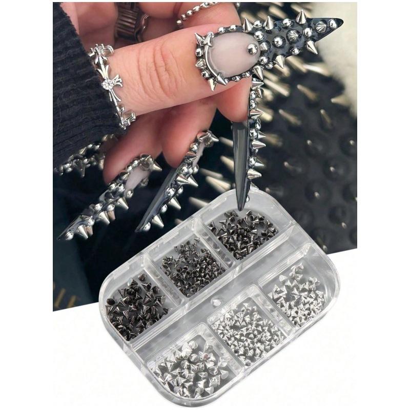 6 Grids/box 3D Metallic Rivet Punk Nail Art Charms,Goth Punk For Nails Silver Black Cone Spike Studs Nail Art Jewels Alloy Mini Rivet Studs