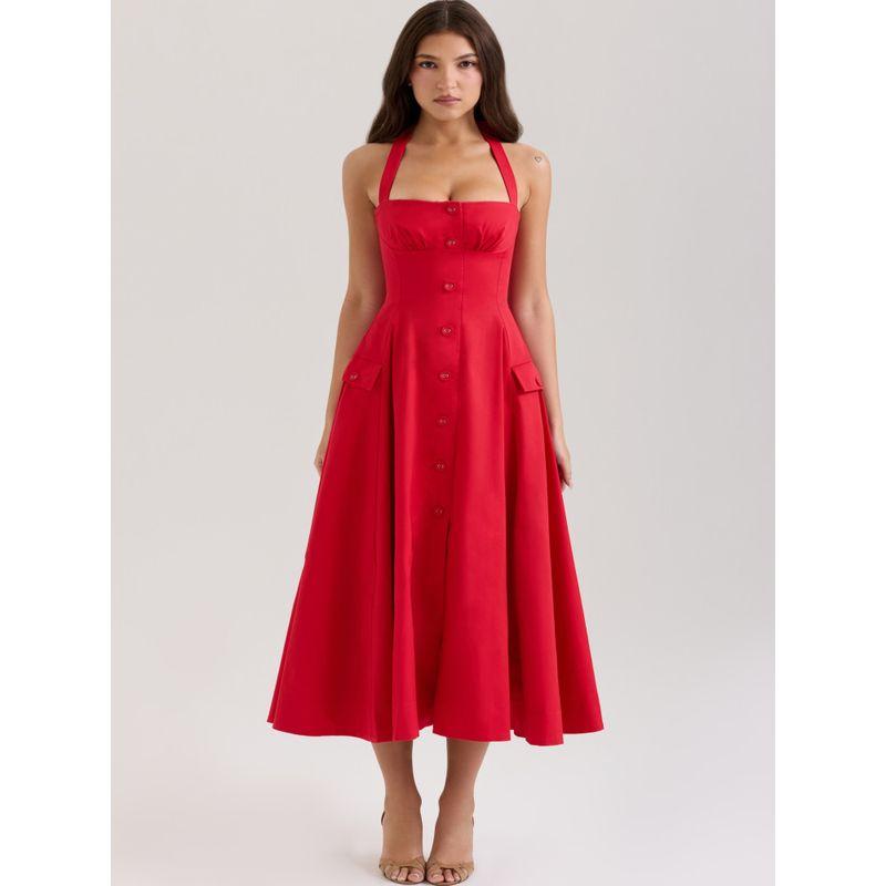 Hot and Romantic House Same Style French style Retro Elegant Hanging Neck Bow Lace-up Sexy Waist Hugging Dress