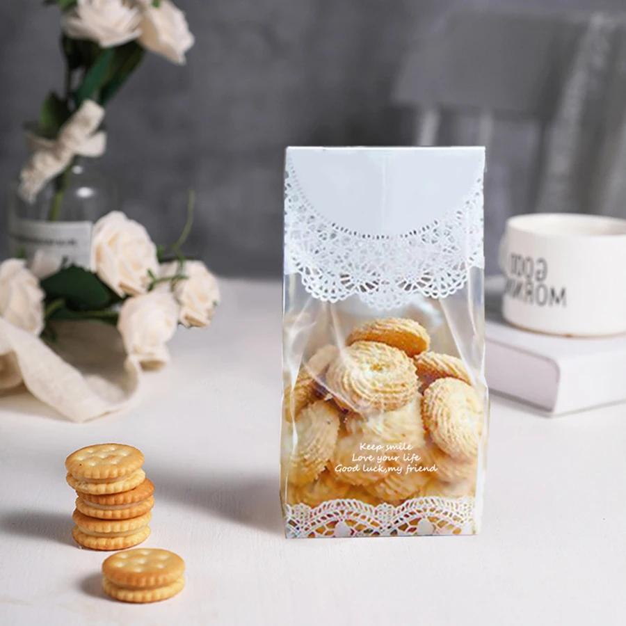 50/100pcsWhite Snowflake Flower Nougat Cranberry Cookies Frosted Transparent Machine Sealed Bags Party Favors Cake Decorating