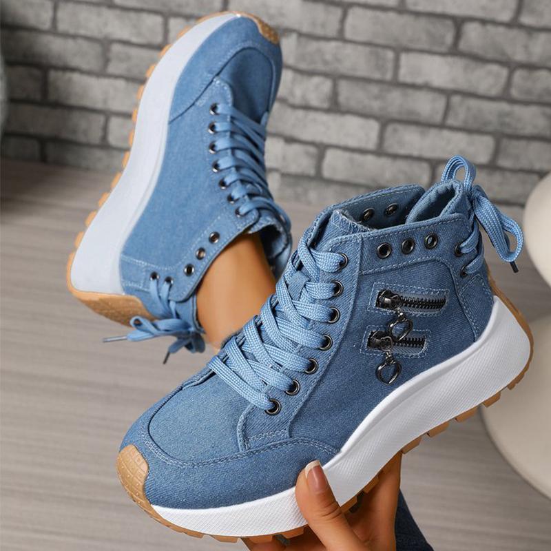 Fashion 2025 New Lace Up Denim Sneakers Women Spring Autumn Zipper Decoration Sports Shoes Woman Chunky Heel High Top Causal Shoes Mujer
