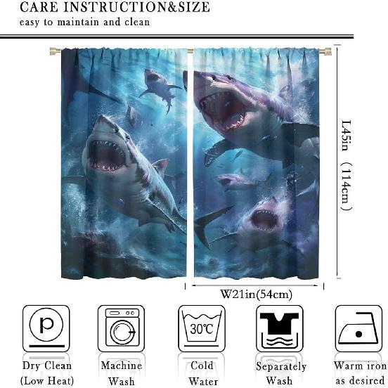 Shark Themed Curtains, Sea of Ferocious Sharks, Spectacular Sea Animal Shark Landscape Decorated Curtains, Boy Personality Room Decorated Rod Pocket