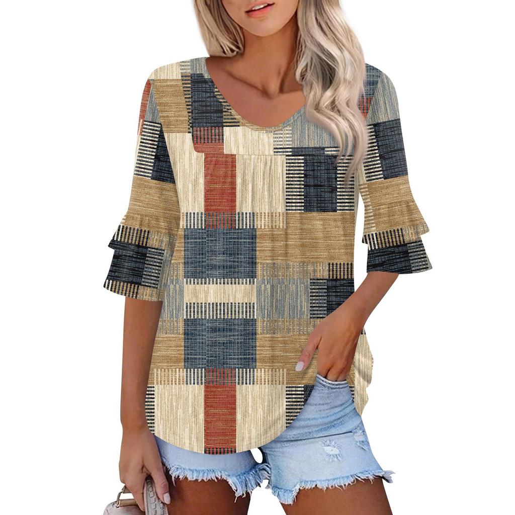 3/4 Length Sleeve Womens Tops Dressy Casual Blouses Bell Ruffle Sleeve Loose Fit Tunic Tops V Neck T Shirts