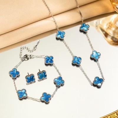 3PCS Titanium Steel Double-sided Clover Necklace Bracelet Earring Set