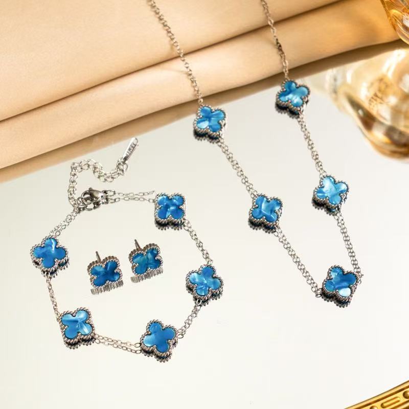 3PCS Titanium Steel Double-sided Clover Necklace Bracelet Earring Set