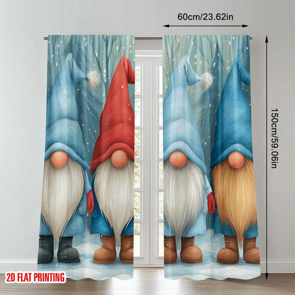 Set Of 2 Flat Printing Christmas Hot Party Curtains Gnomes Snow Forest Digital Printed Polyester Drapes Festive Wall Made