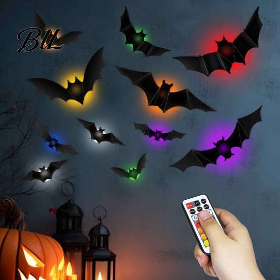 Feiertags-Szenenbeleuchtung Dekor 48 Stück Halloween-Fledermäuse Wanddekor, LED-leuchtende Fledermäuse, 12 Lichter mit Fernbedienung, Nachtleuchtende Atmosphäre 6 Größen 3D