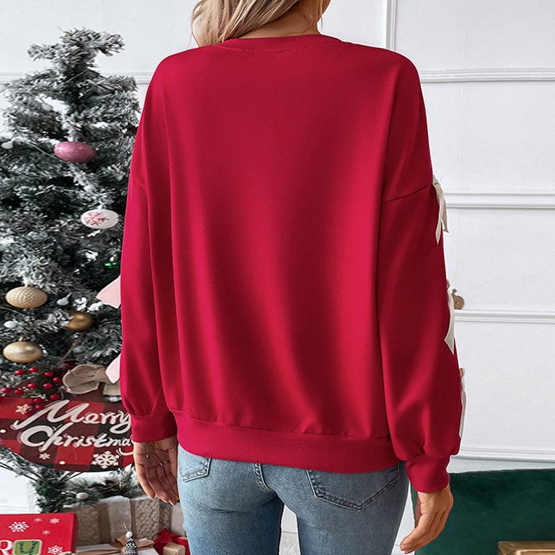 Women's Red Christmas Bow Sweatshirt: Sweet Style, Round Neck, Autumn/Winter