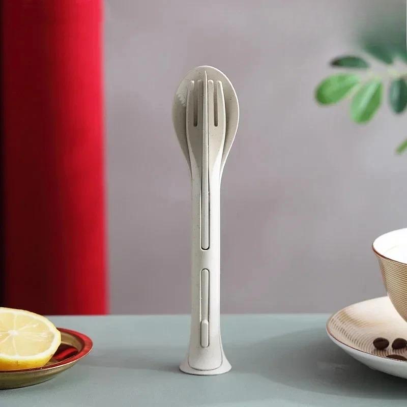 3Pcs Portable Tableware Set Wheat Straw Dinnerware Detachable Cutlery Travel Tableware Picnic Dinnerware Set Camping Cutlery Set