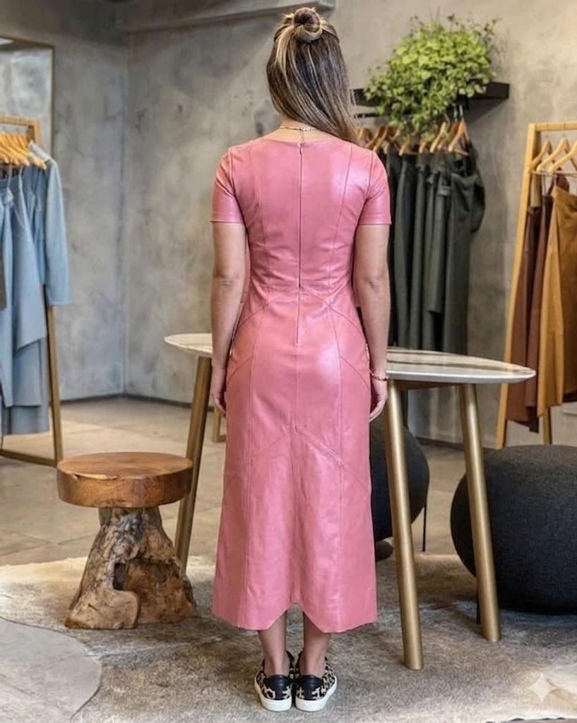 New Fashionable Pink Hot Party Lambskin Soft Dress Women's Leather Club Stylish