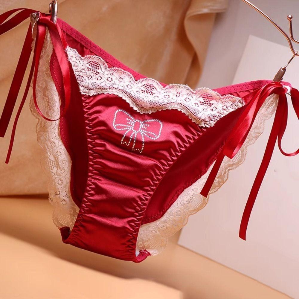 Crystal Bow Rhinestone Satin Panties Ice Silk Lace Briefs for Women Sweet Lace Tie Panties  Girl
