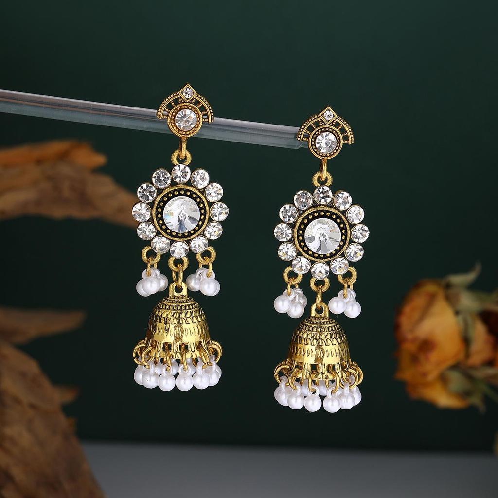 Cross-Border Ethnic Tassel Rhinestone Pearl Earrings for Women - Luxurious, Trendy Retro Studs