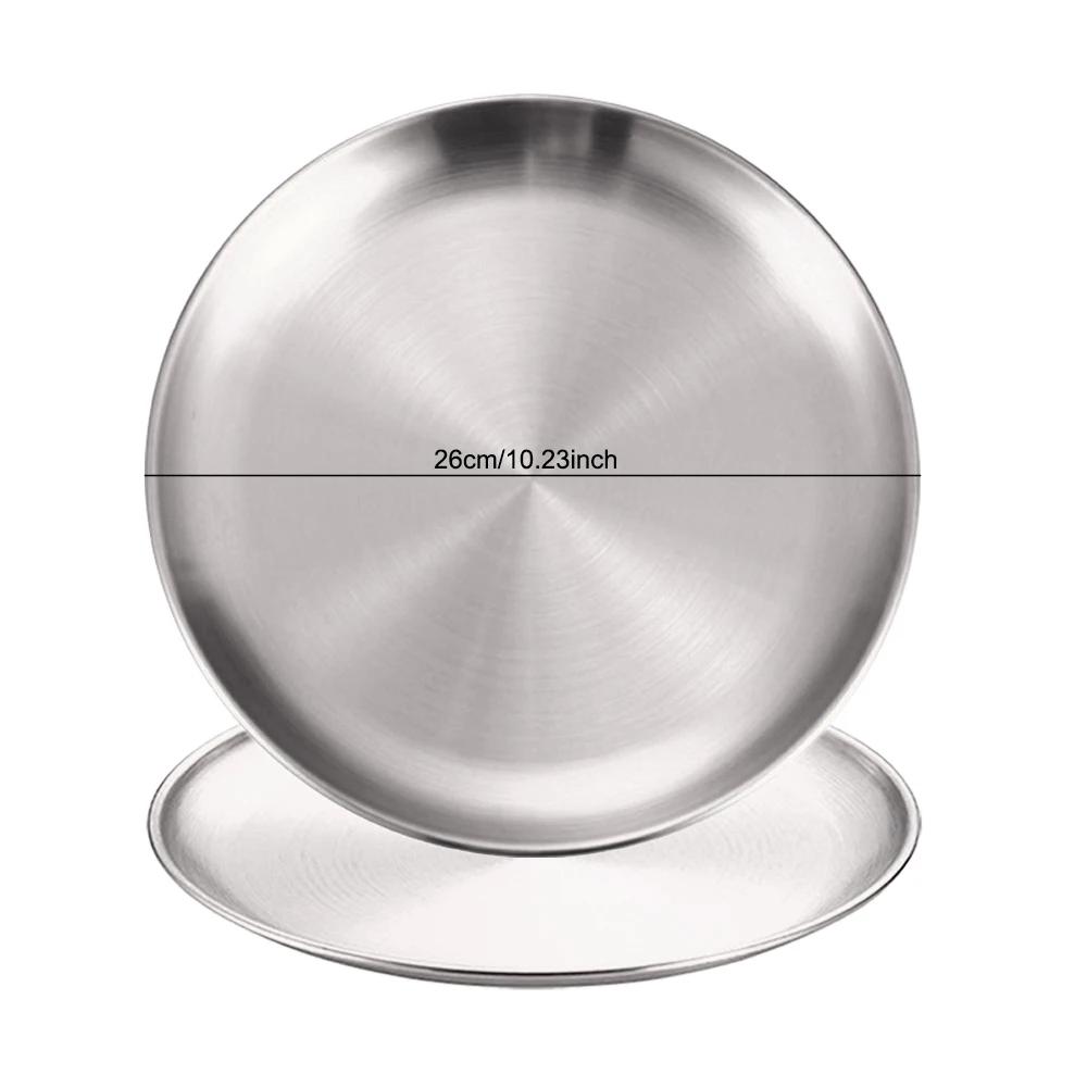 2Pcs Stainless Steels Round Silver Shallow Tray Plate Rust-Proof 14/17/20/23/26/30cm Camping Plate BBQ Picnic Dishes Cookware