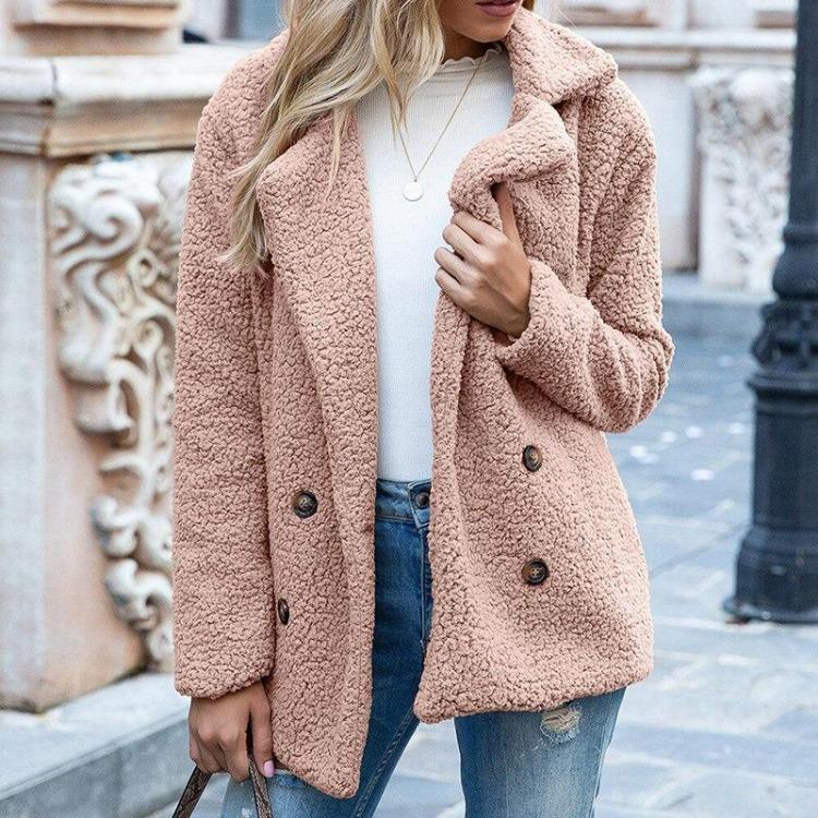 Elegante Cappotto Invernale da Donna in Ecopelliccia Caldo Peluche Orsacchiotto Monocolore Capospalla Femminile Tasca Casual Autunno Cashmere 22942