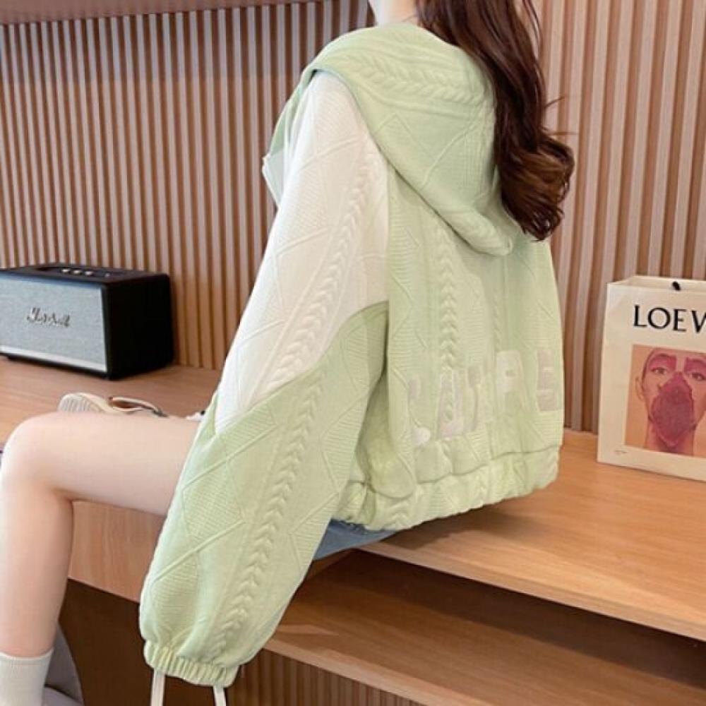 Navava Nc158 Cable Knit Color Block Crop Long Sleeve Hooded Zip Up