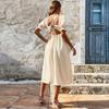 2026 Women's Sexy Backless Slit Square Neck Puff Sleeve Temperament French Dress A-Line Skirt Classic Style