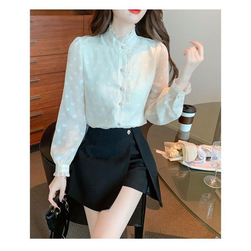 French Stand-up Collar Chiffon Shirt for Women Fashionable and Beautiful Shirt Long-sleeved Bottoming Shirt Top