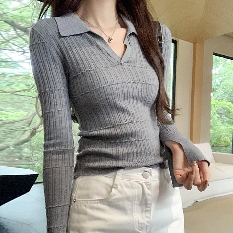 

Белая трикотажная базовая рубашка с длинным рукавом и воротником-стойкой, женская новая осенняя одежда, приталенный топ One size [recommended 80-60kg] серый