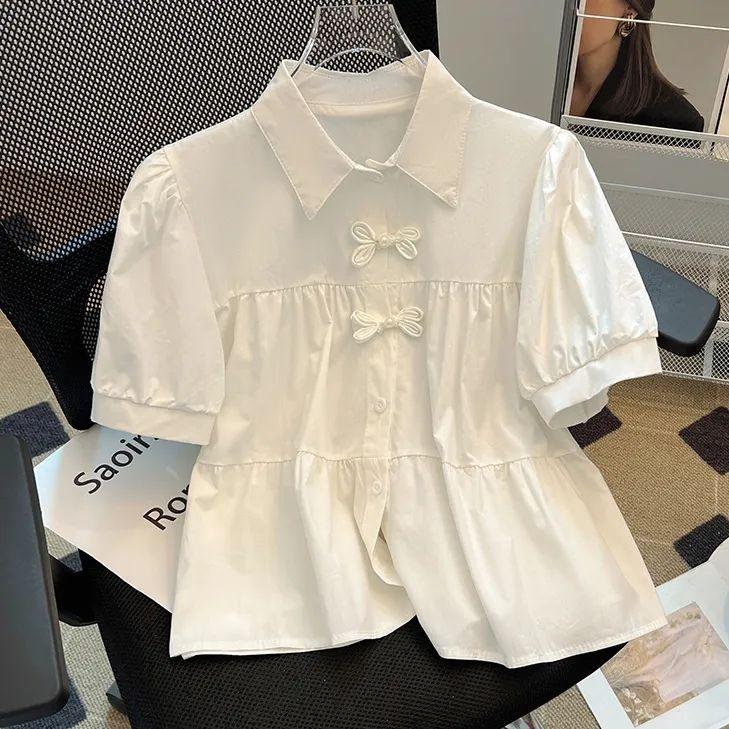 

Шикарная французская рубашка с объемными рукавами для женщин, летние однобортные однобортные топы с короткими рукавами и отложным воротником M