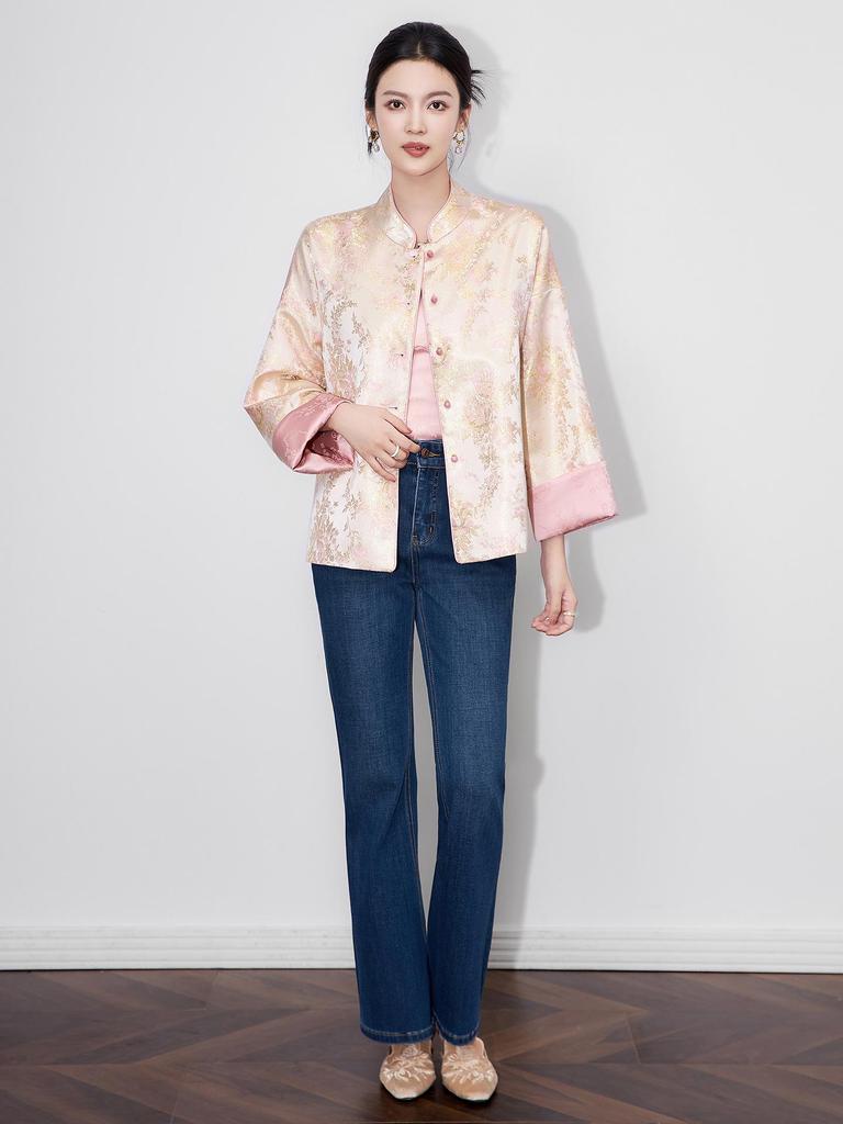 Ruicai Reversible Gold Thread Jacquard Jacket - Women's Autumn Style