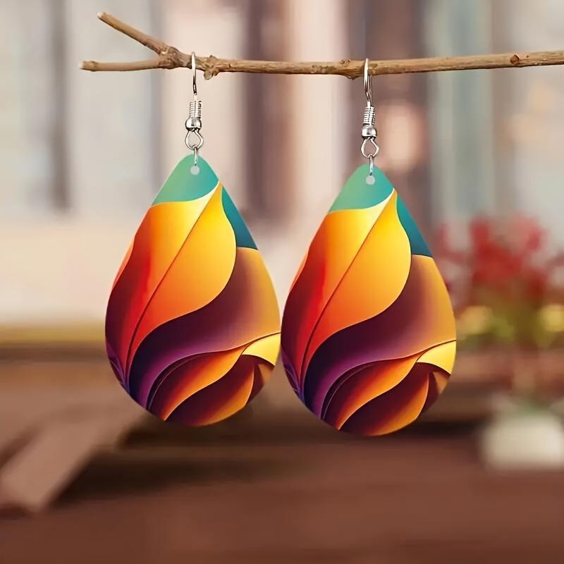 Colorful Abstract Pattern Wooden Droplet Earrings for Women's Daily Wear
